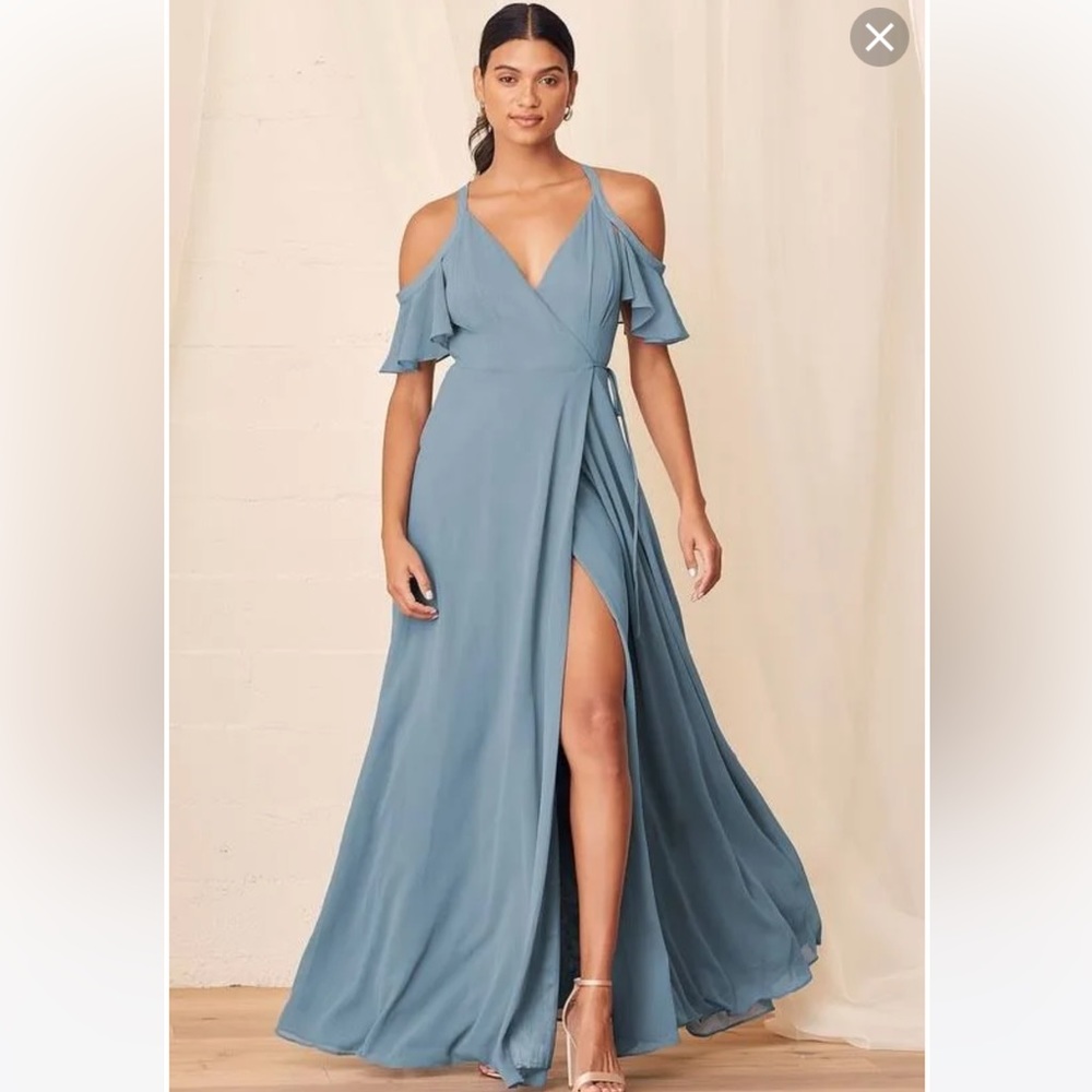 Lulus Easy listening Slate blue cold shoulder wrap maxi dress - Picture 4 of 4